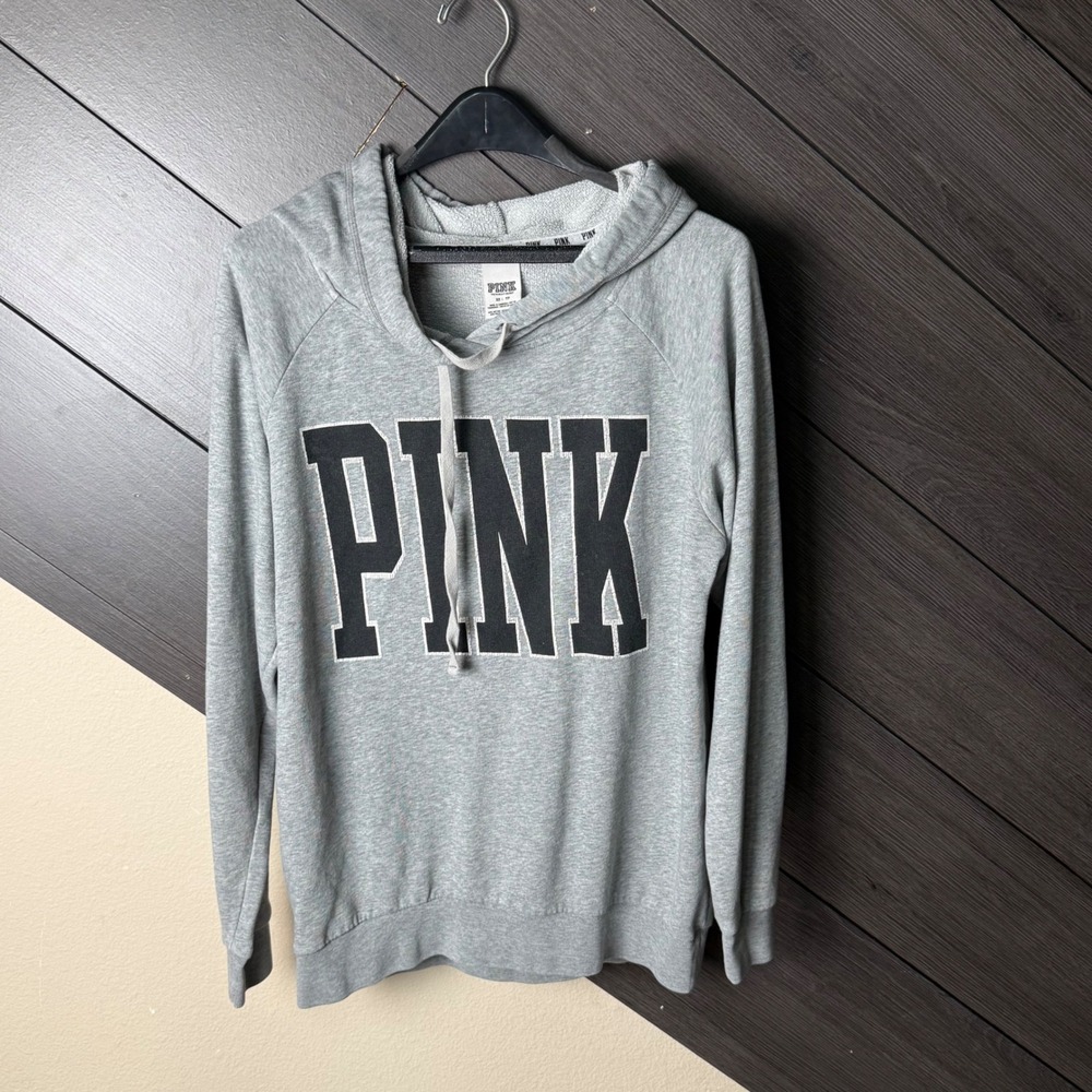 Victoria's Secret PINK Women' Gray Logo Hoodie Sweatshirt‎ XS Pullover Oversized